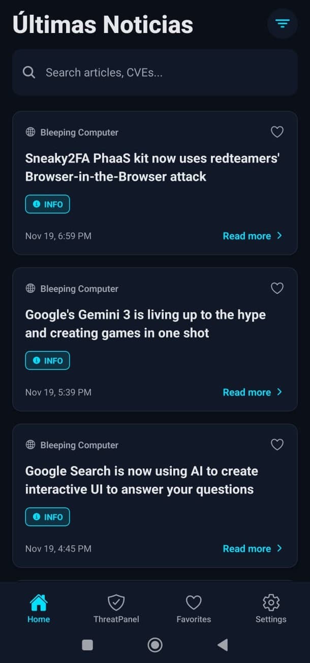Pantalla de inicio de CyberUpdate con las últimas noticias de ciberseguridad