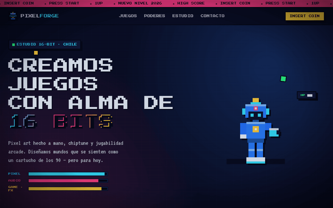 Vista previa de la plantilla PixelForge — Estudio Retro — diseño web landing page