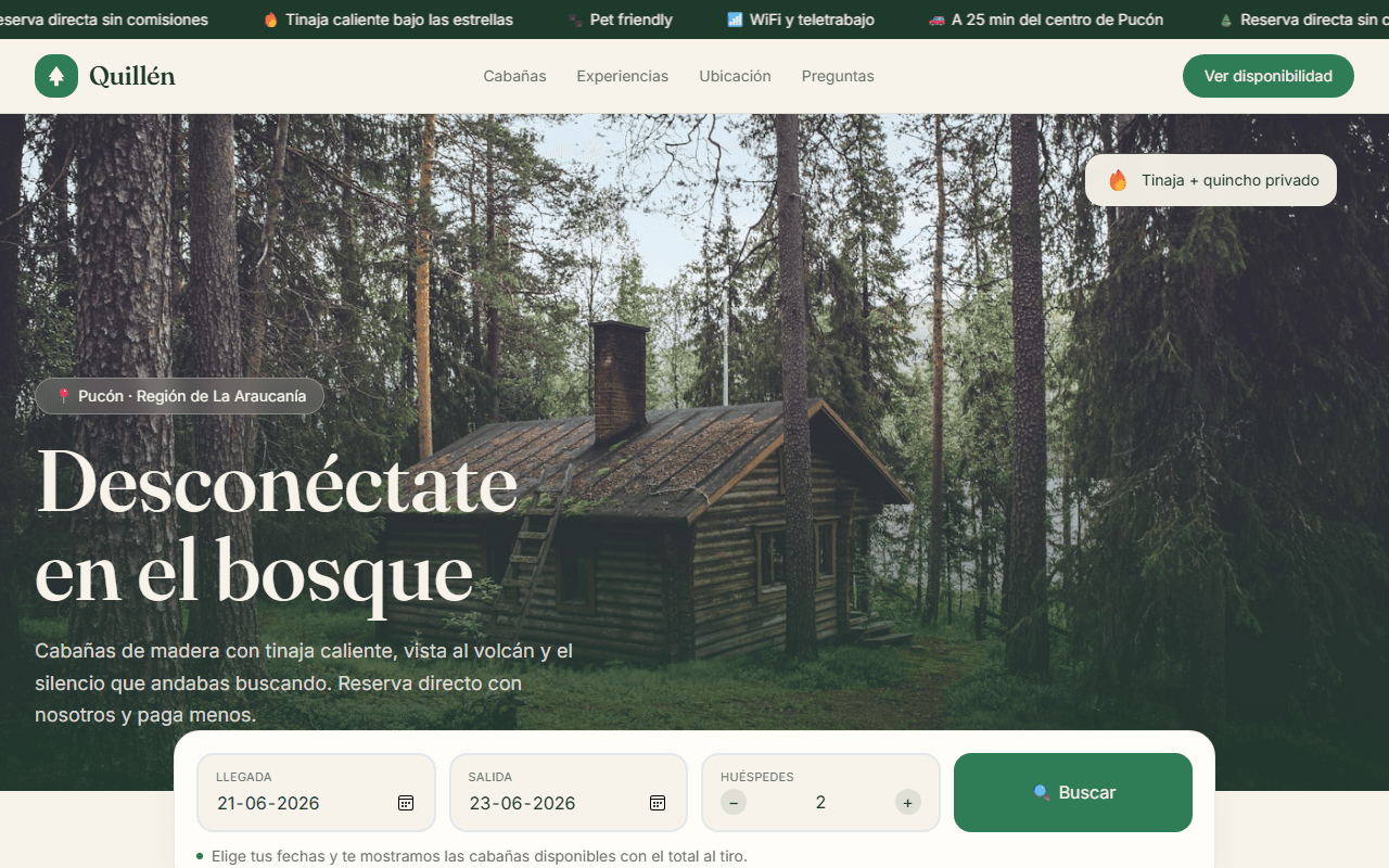 Vista previa de la plantilla Cabañas & Turismo — diseño web landing page