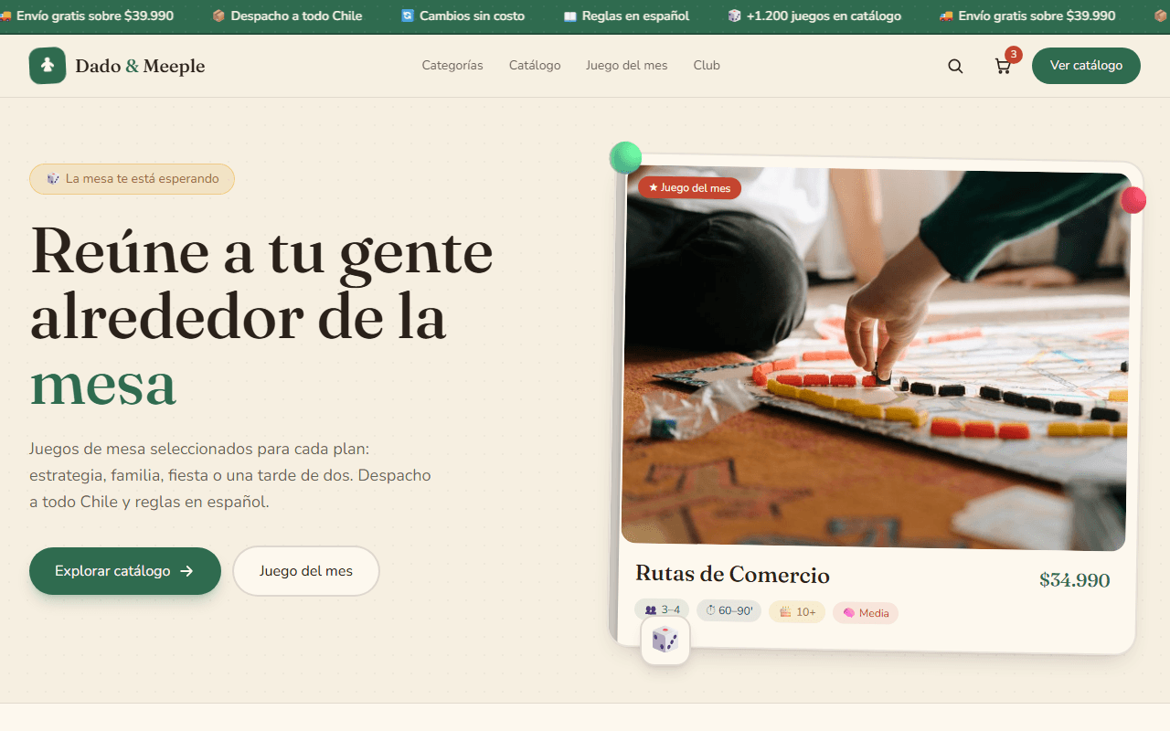 Vista previa de la plantilla Dado & Meeple — Juegos de Mesa — diseño web e-commerce