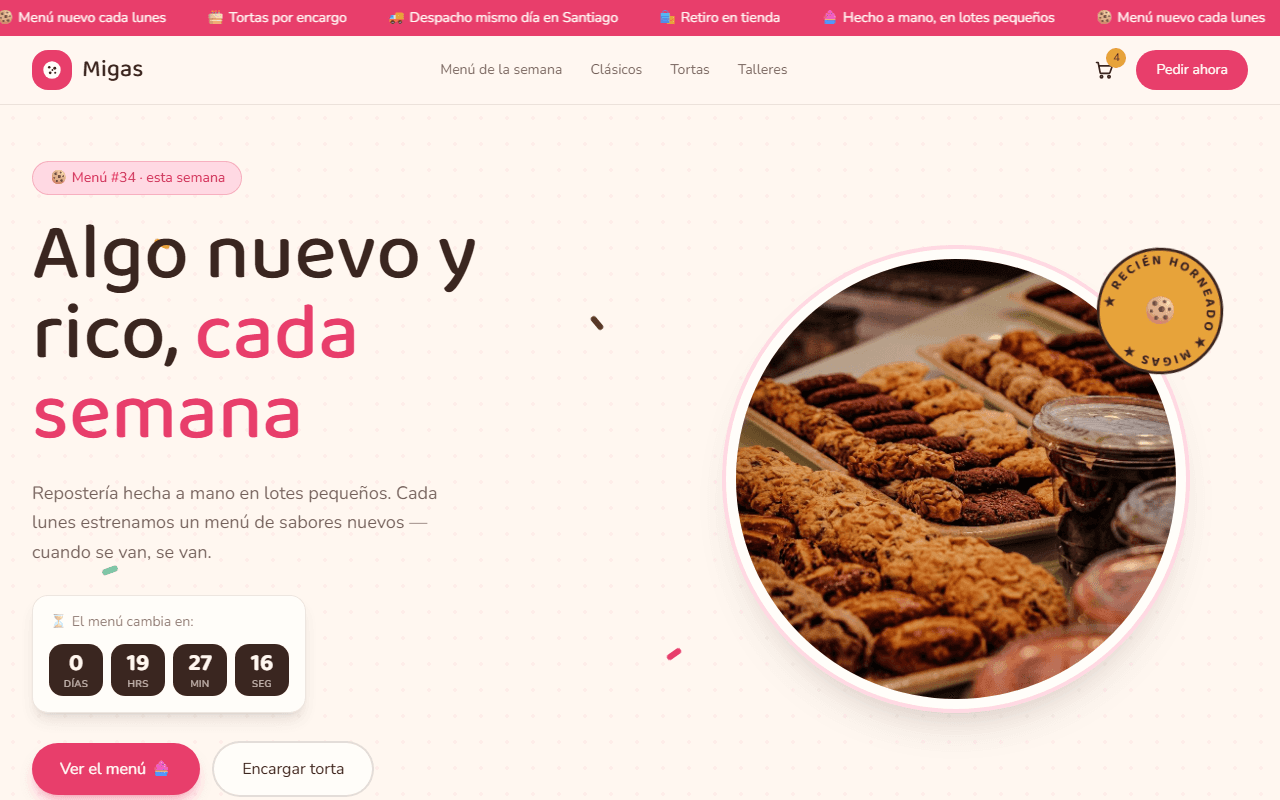 Vista previa de la plantilla Migas — Repostería de Autor — diseño web restaurante